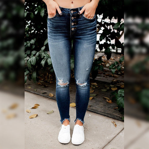 Jeans skinny taille haute pour femmes avec boutonnière et détails destroy Lune London