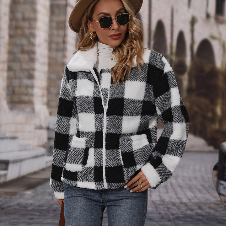 Ladies Cozy Plaid Jacket with Asymmetric Zipper Lune London