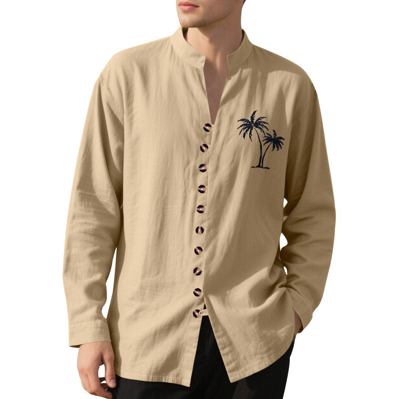 Casual long sleeve shirt for men with modern stand-up collar and palm tree pattern Lune London