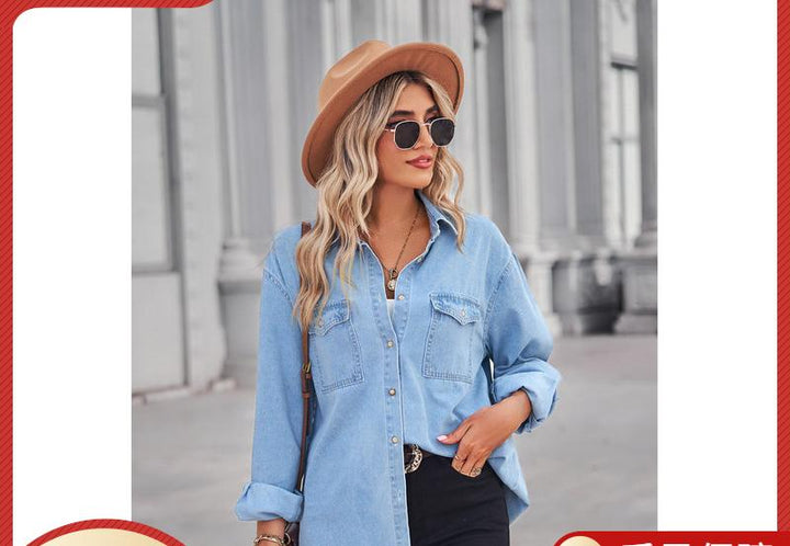 Casual women's denim jacket with patch pockets and Lune London button details