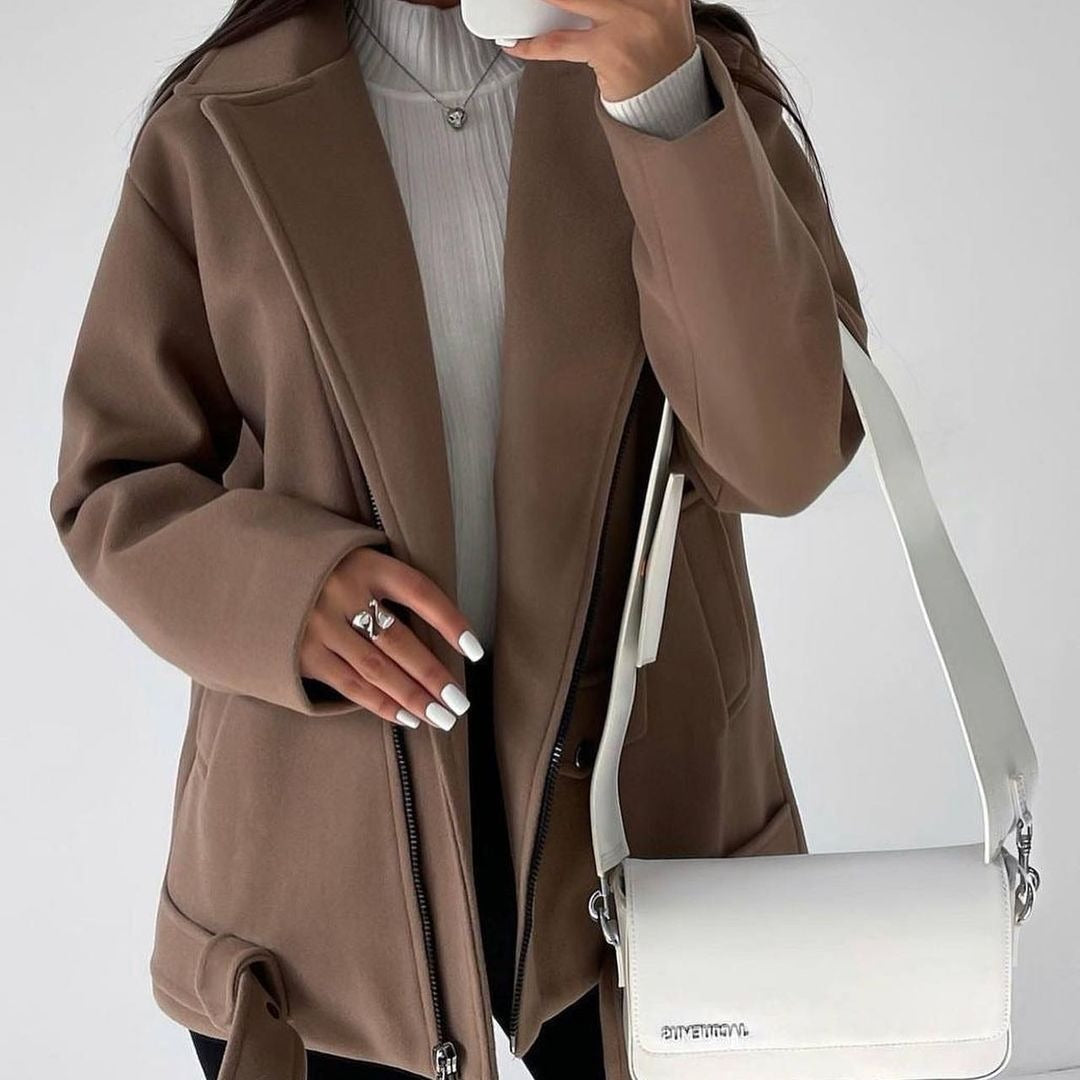 Trendy transitional jacket for women with asymmetrical zipper and practical pockets Lune London