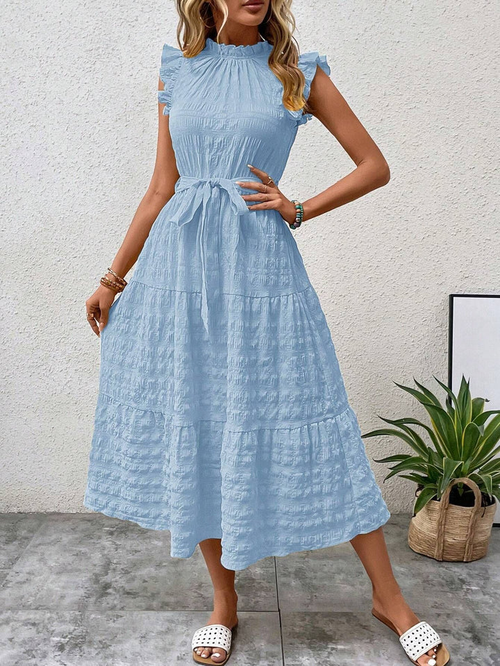 Midi dress for women with ruffled sleeves and belt at the waist Lune London