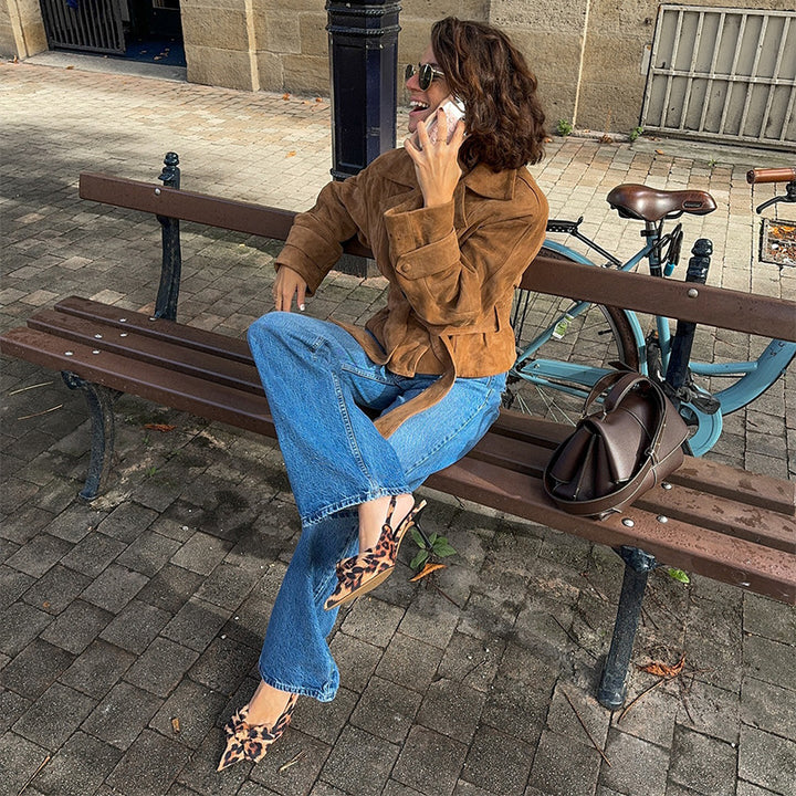 Ladies luxury suede jacket with adjustable belt and elegant lapels Lune London