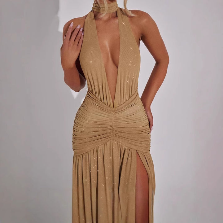 Glamorous evening dresses for women with deep V-neckline and ruffle details Lune London