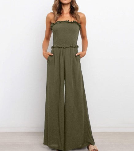 Strapless jumpsuit for women with wide legs and ruffled trim Lune London