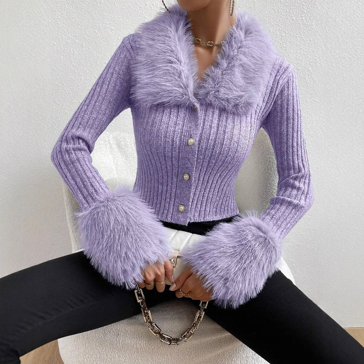 Trendy knitted sweater for women with a fluffy collar and chic and stylish sleeve finishes