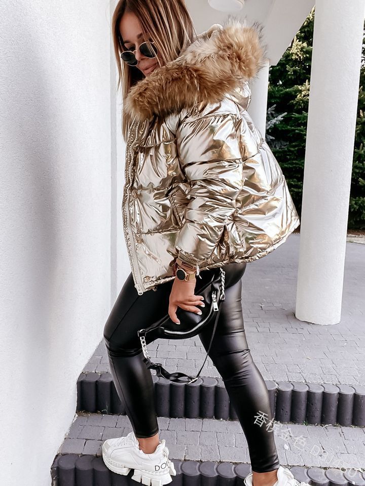 Ladies Shiny Winter Down Jacket with Removable Hood and Chic Faux Fur Collar