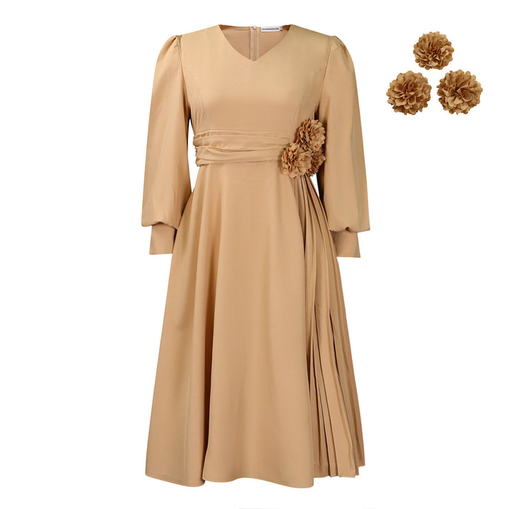 Elegant dress for women with decorative floral accent and draping Lune London