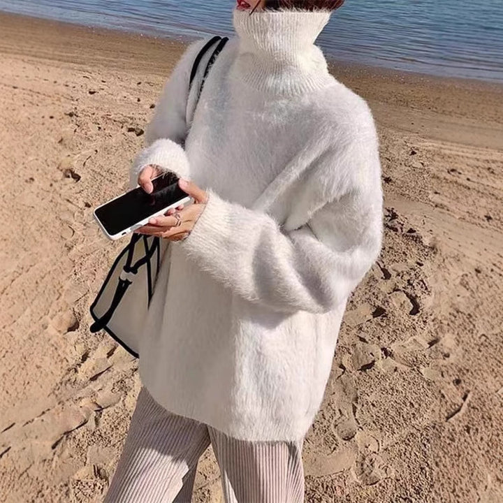 Ladies Soft Sweater with Oversized Cut and Chic High Collar