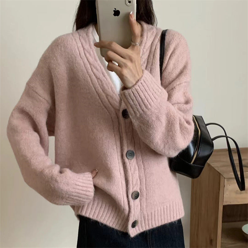 Ladies Comfortable Knit Sweater with an Elegant V Neck and Chic Button Details