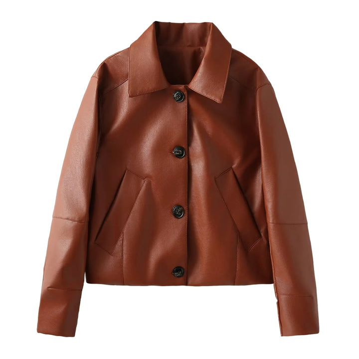 Elegant faux leather jacket for women with a modern silhouette and practical pockets Lune London