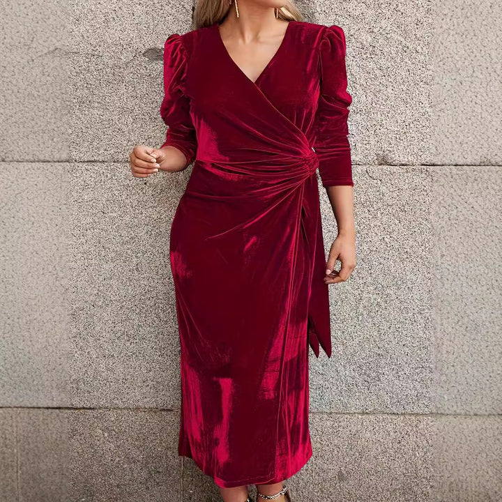 Women’s wrap dress in luxurious velvet with structured puff sleeves and a deep V-neck Lune London