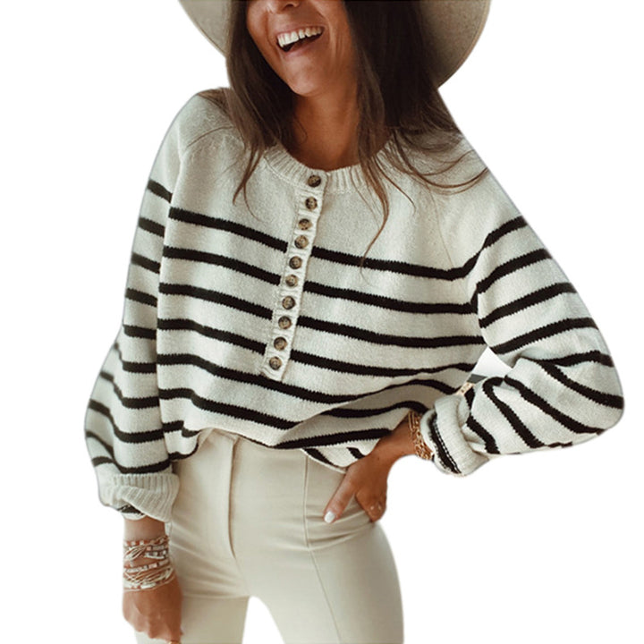 Striped women's sweater with button placket Lune London
