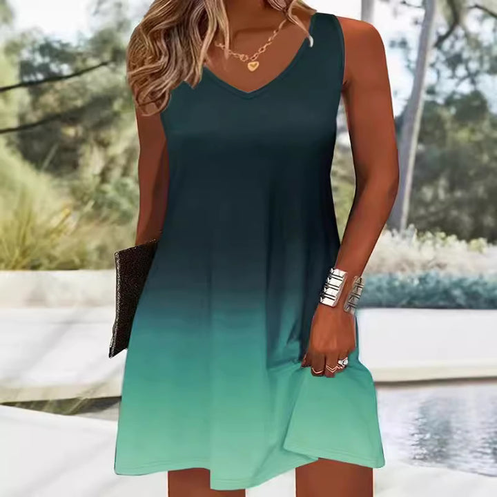 Summer dress with V-neck for ladies featuring a bright gradient of colors and a light, breathable fabric Lune London