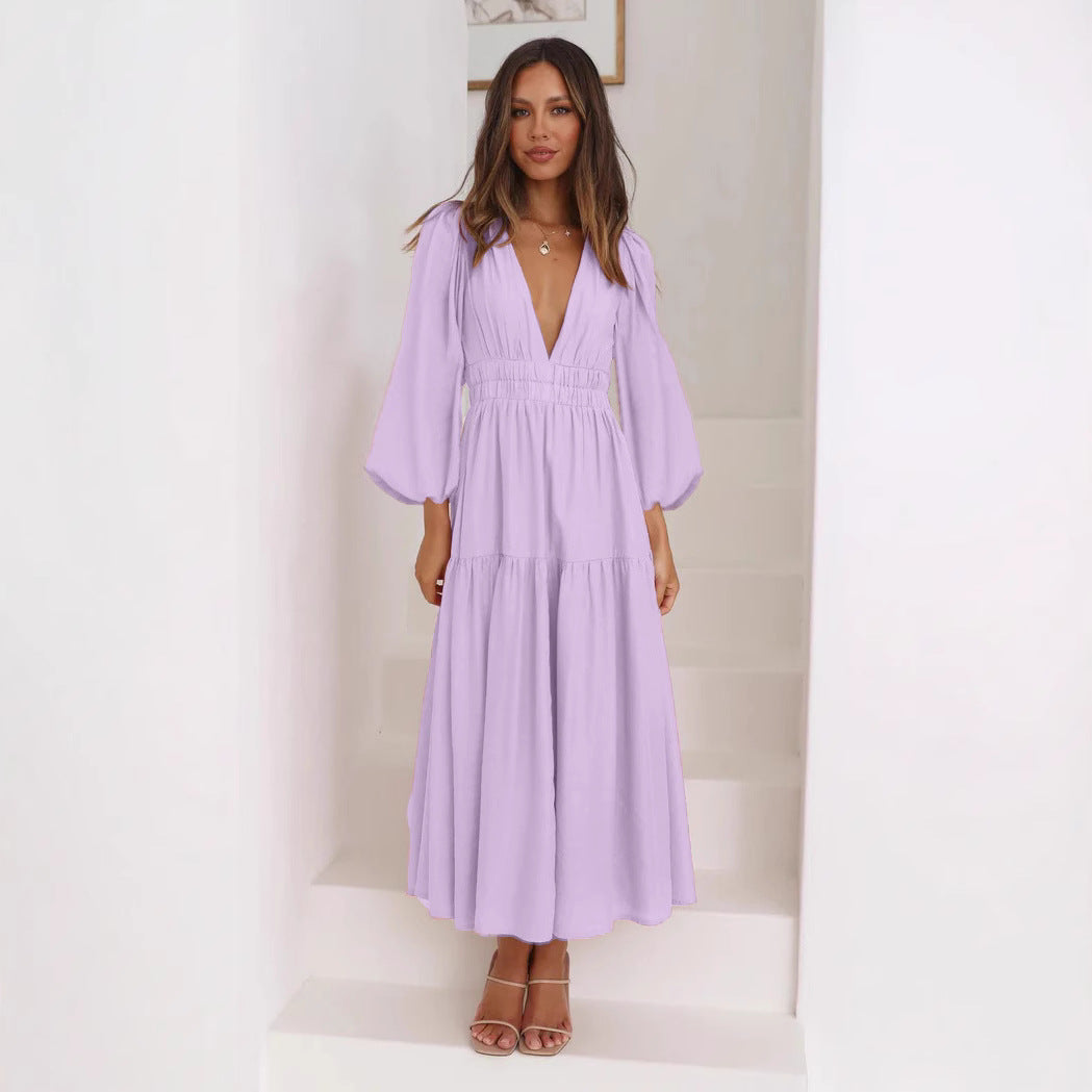 Women's Maxi Dress with Deep V-Neck and Wide Flared Sleeves Lune London