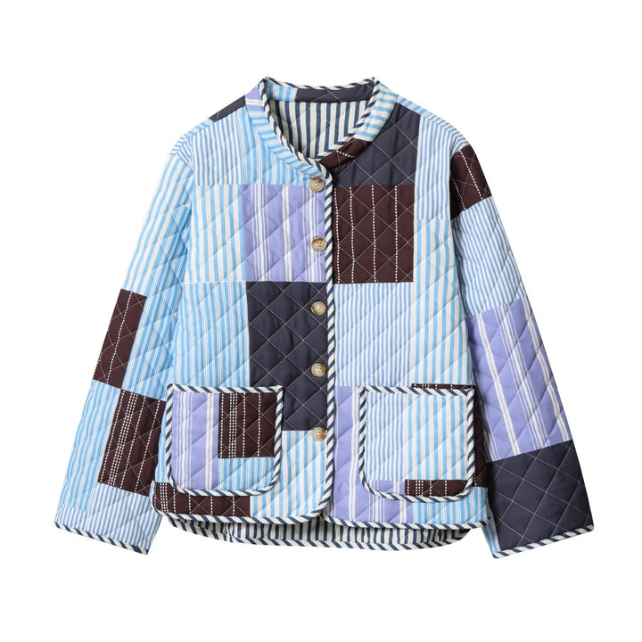 Ladies puffer jacket with colorful patchwork design Lune London