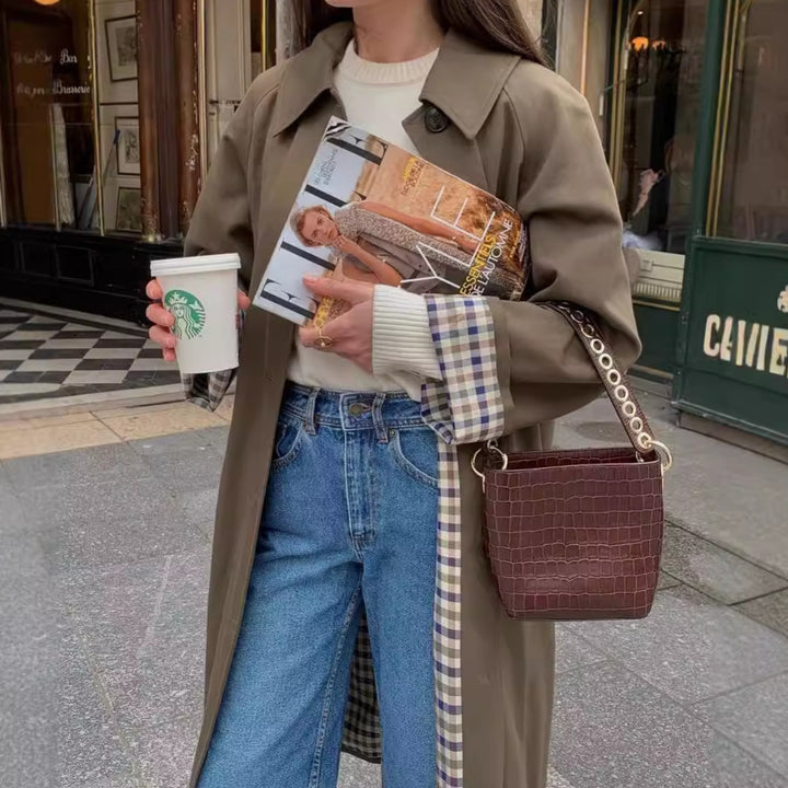 Fashionable trench coat for ladies with checked details and practical pockets Lune London