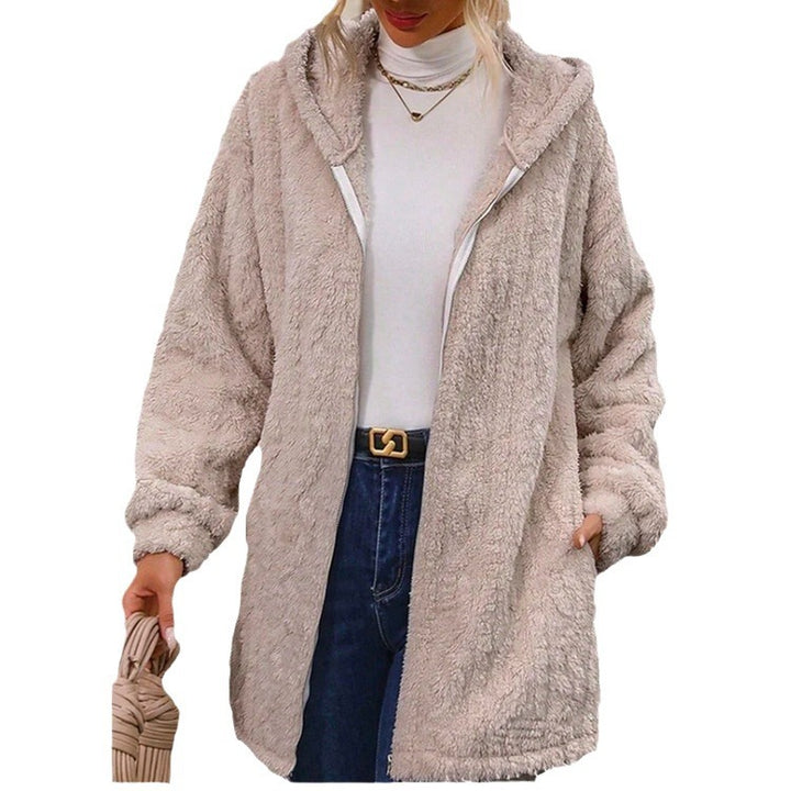 Women Plush Hooded Jacket with Deep Collar and Side Pockets Lune London