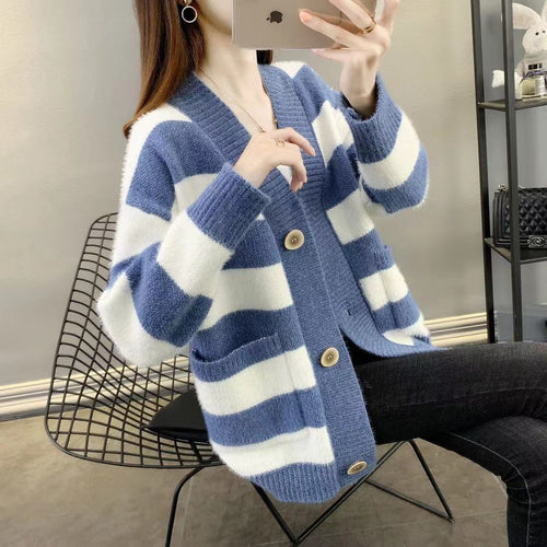 Thick knitted cardigan for women with Breton stripes and practical pockets Lune London