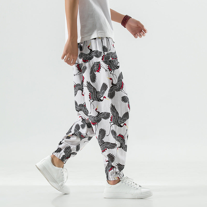 Casual and breathable men's harem pants with a unique crane pattern Lune London