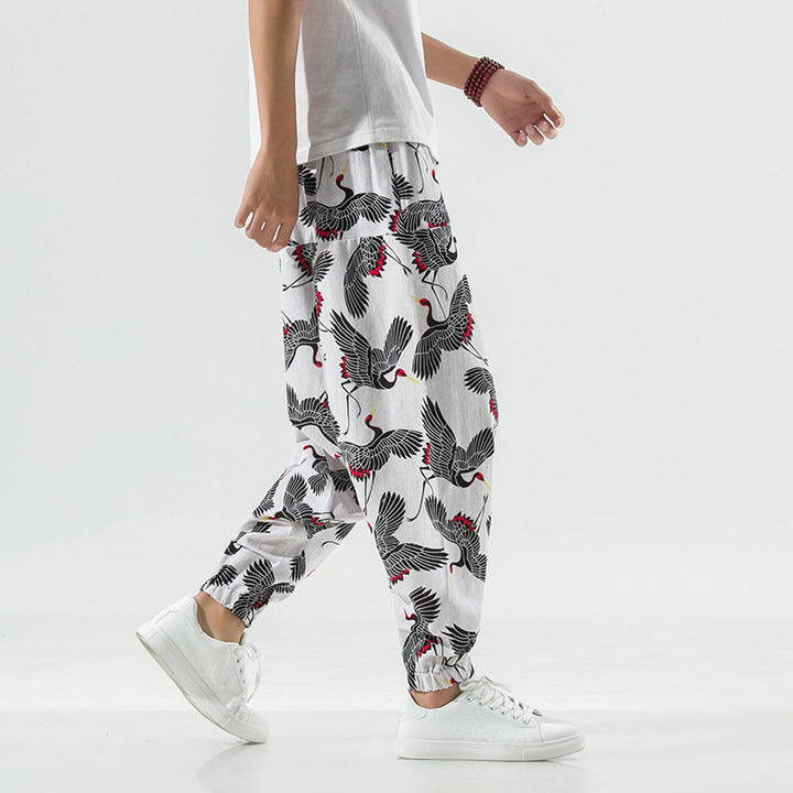 Casual and breathable men's harem pants with a unique crane pattern Lune London