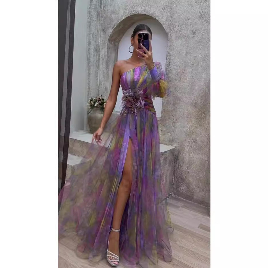 Women's evening dress with asymmetric design and floral accents Lune London