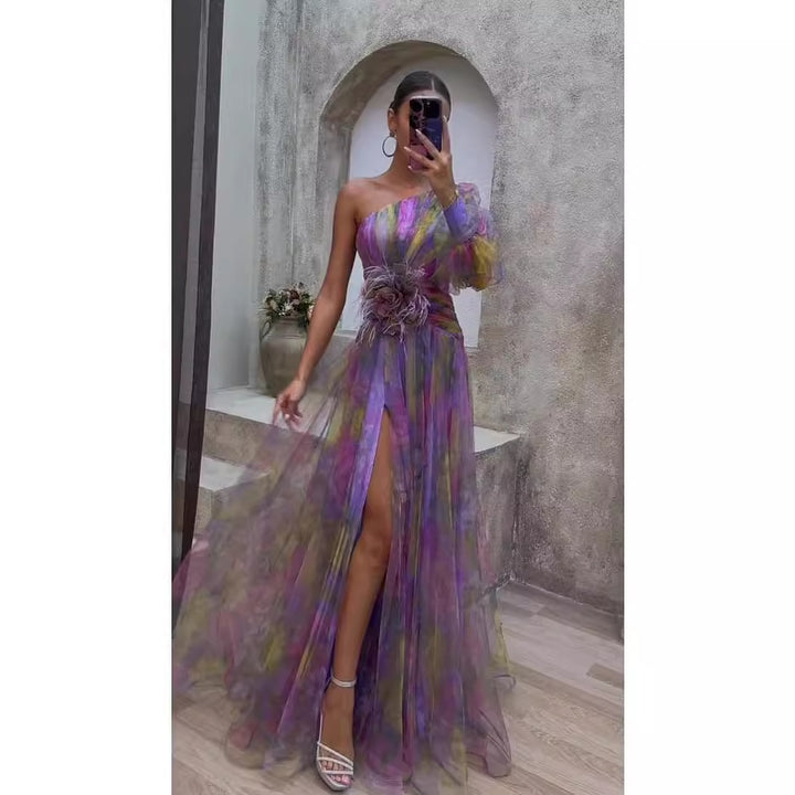 Women's evening dress with asymmetric design and floral accents Lune London