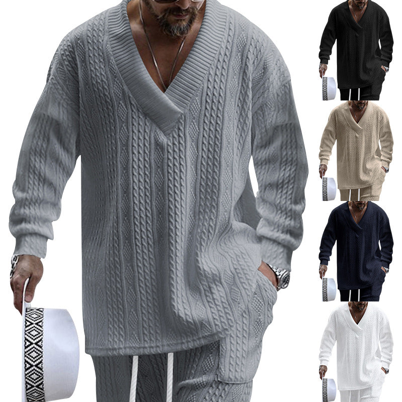 Lune London | Men's casual knit sweater with V-neck and cable pattern