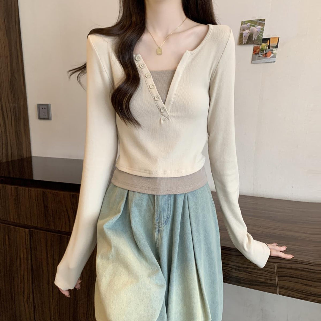Chemise à manches longues pour femmes avec patte de boutonnage et col rond Chic & Stil