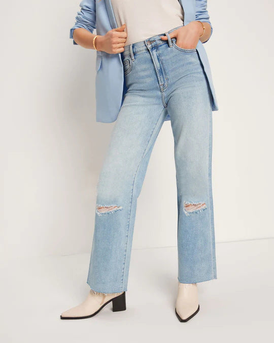 Ladies High-Waist Jeans with fringed hem and trendy tear details Lune London