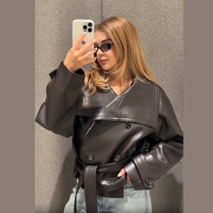 Fashionable short leather jacket for women with double-breasted buttoning and wide collar Lune London