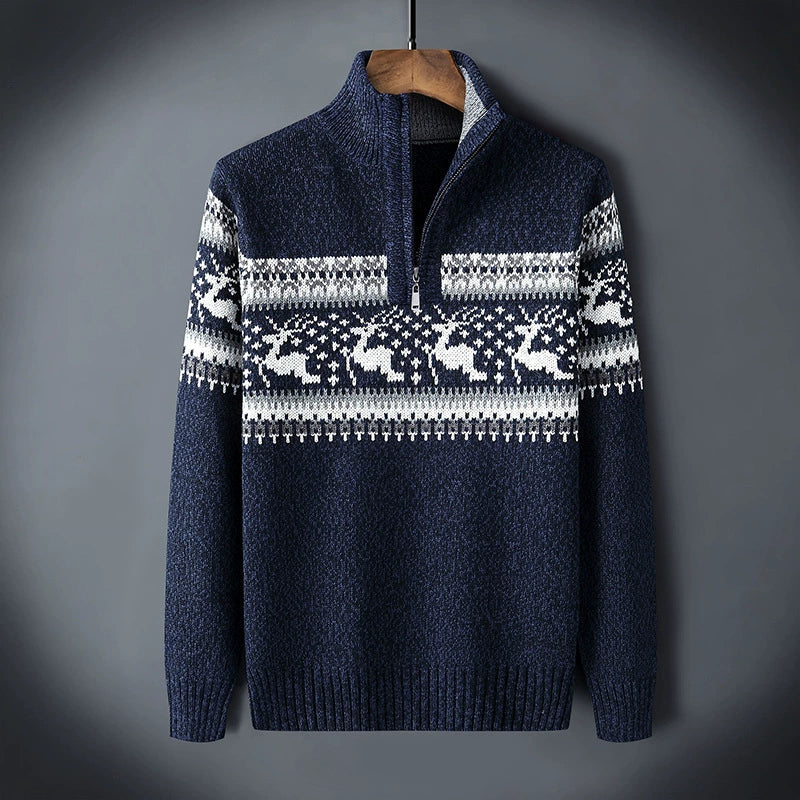 Lune London | Winter sweater for men - warm knitted sweater with half-zip and Scandinavian reindeer pattern