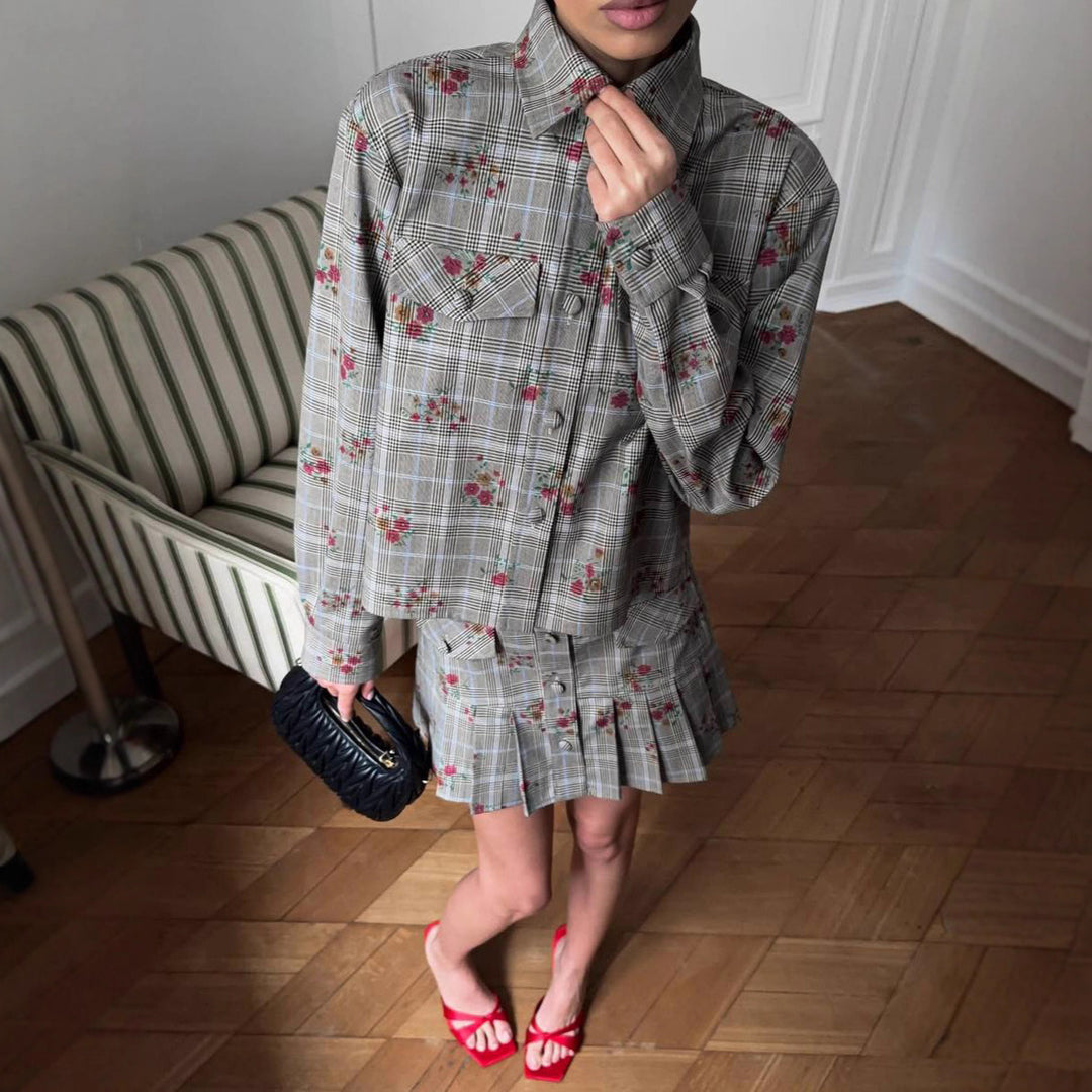 Plaid jacket for women with floral accents and matching skirt Lune London