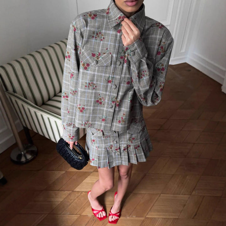 Plaid jacket for women with floral accents and matching skirt Lune London