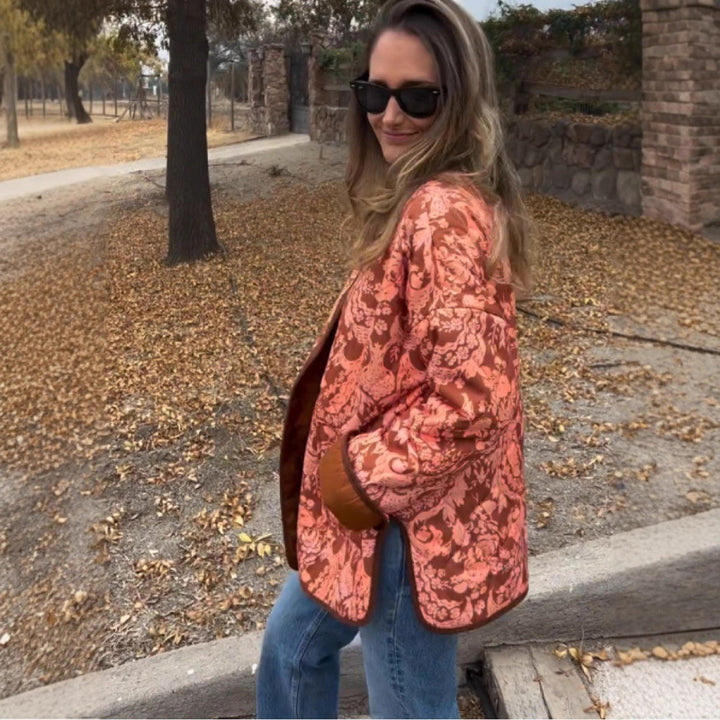 Trendy women's bomber jacket in ethnic chic style
