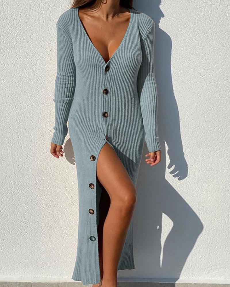 Long sleeve dress for women with continuous button placket and side slit Lune London