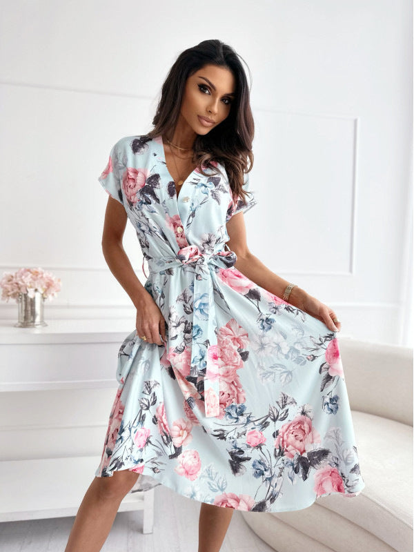 Midi floral pattern dress for women with a tie belt Lune London