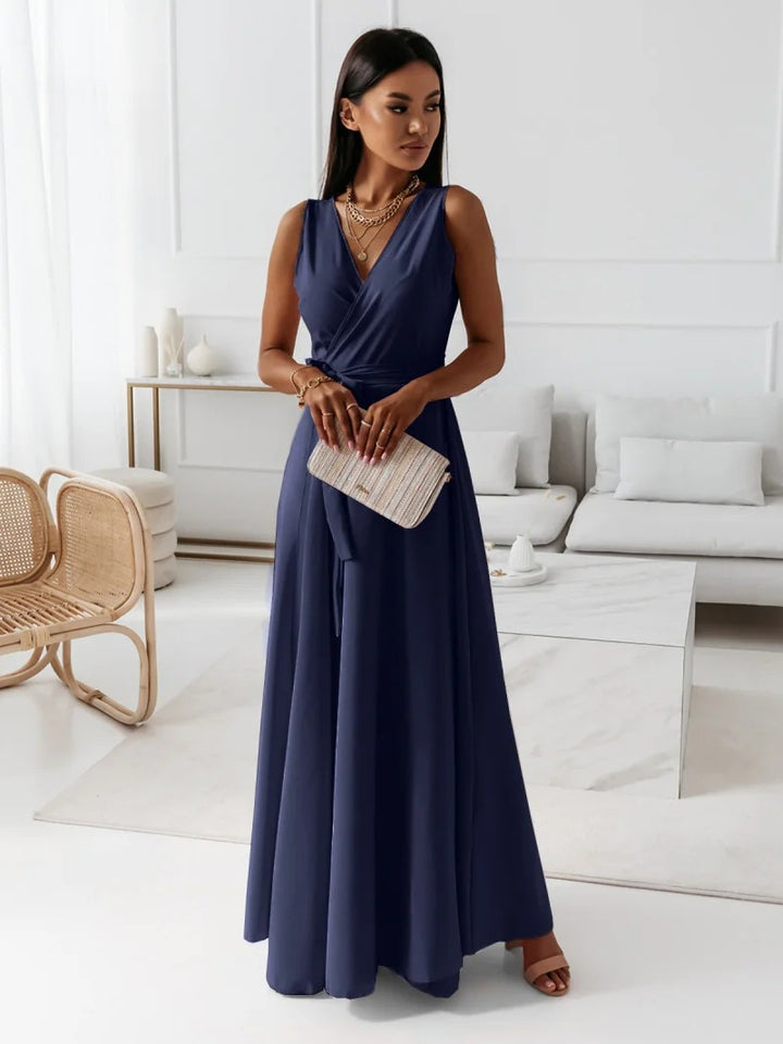 Maxi dress for women with wrap look and deep V neck Lune London