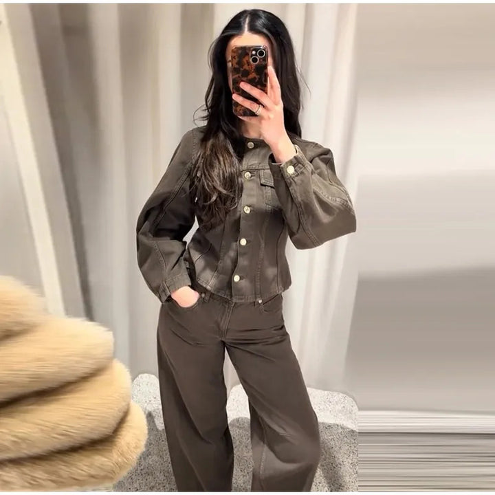 Trendy denim jacket for women with puff sleeves and decorative buttons Lune London