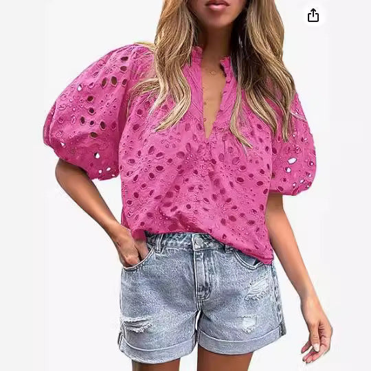 Ladies eyelet blouse with puff sleeves Lune London
