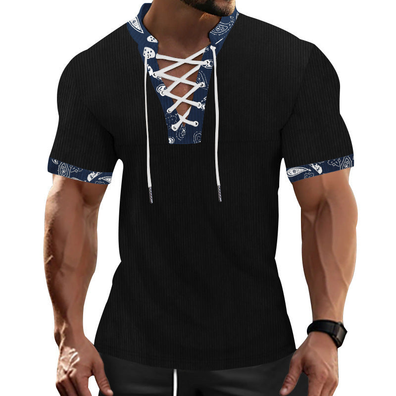 Men's Short Sleeve Henley T-Shirt with Modern Lace Design and Attractive Contrast Elements Lune London