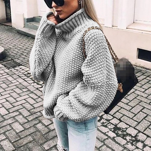 Women's Chunky Knit Pullover with Stand-Up Collar and Voluminous Sleeves Lune London