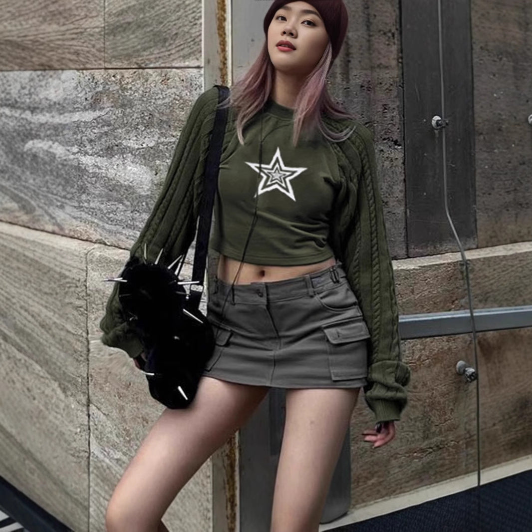 Cropped sweater for women with graphic star pattern and textured sleeve design Lune London