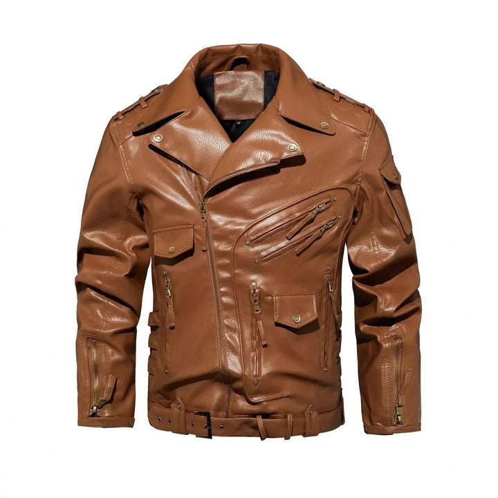 Stylish biker jacket for men with multiple zippered pockets and belt detail Lune London
