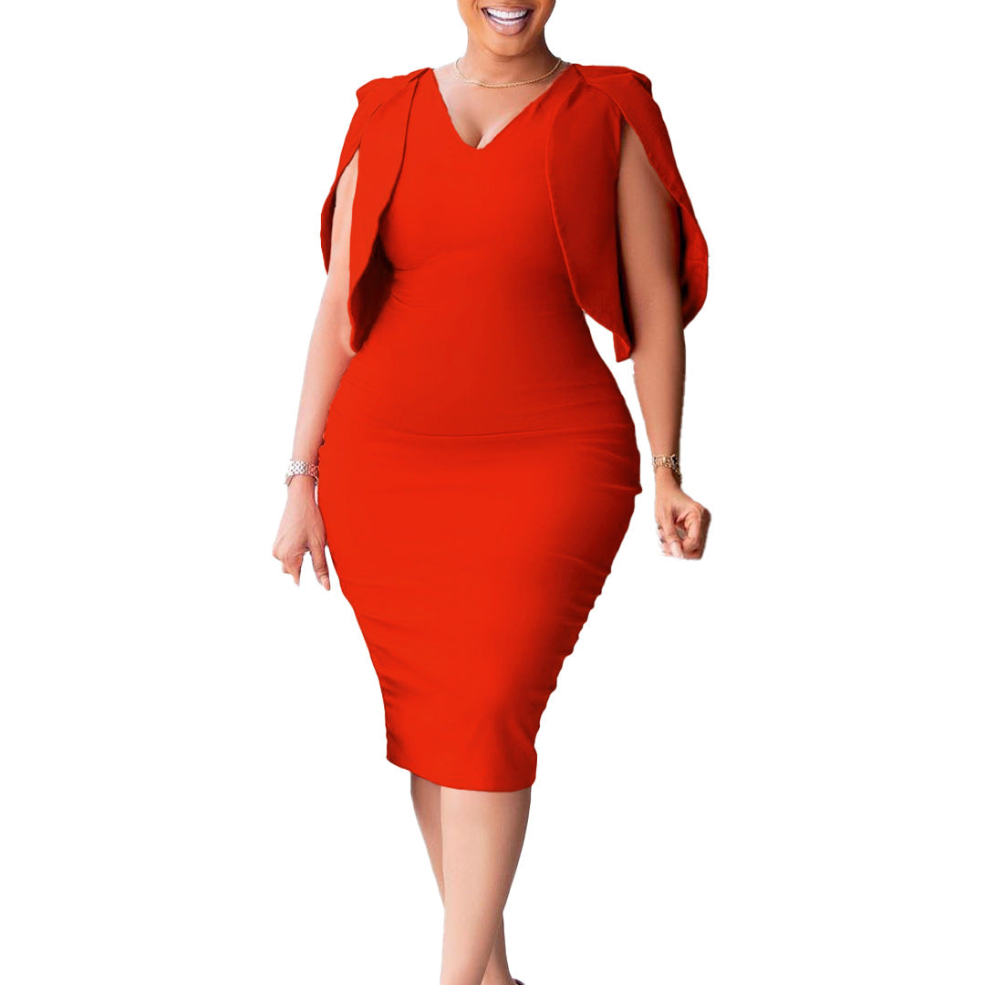 Fitted dress for women with transparent puff sleeves and V-neck Lune London