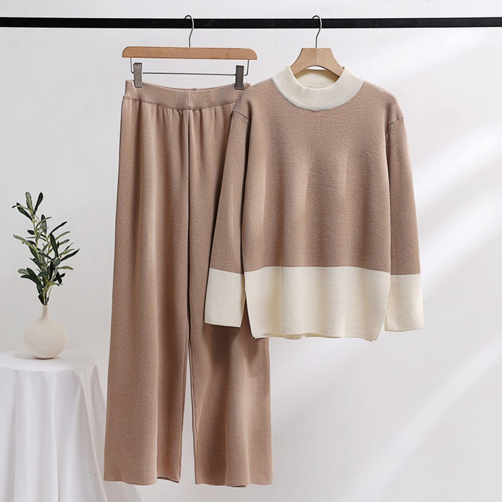 Elegant knit loungewear set for women with wide waistband and decorative collar Lune London