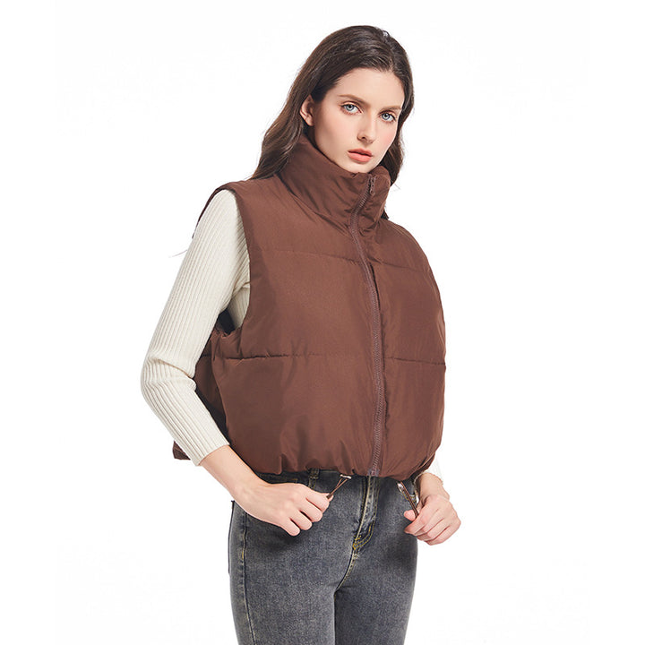Ladies sleeveless down jacket with high collar and adjustable drawstring waist Lune London