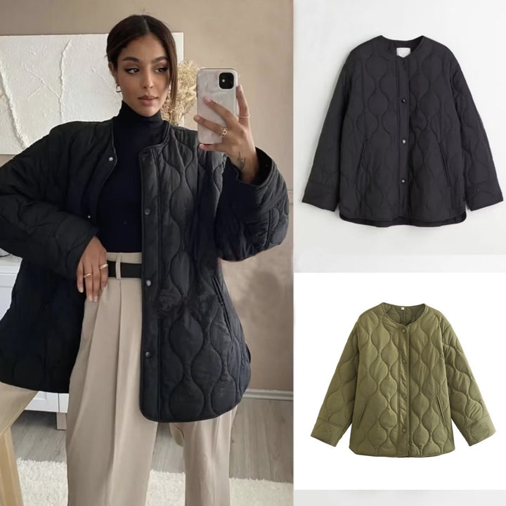 Ladies quilted transition jacket with modern pockets and elegant design Lune London