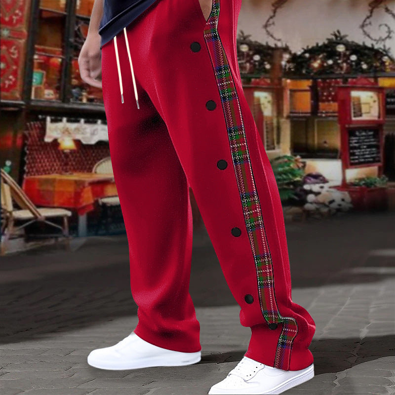 Lune London men's casual sports pants with side buttons and plaid pattern