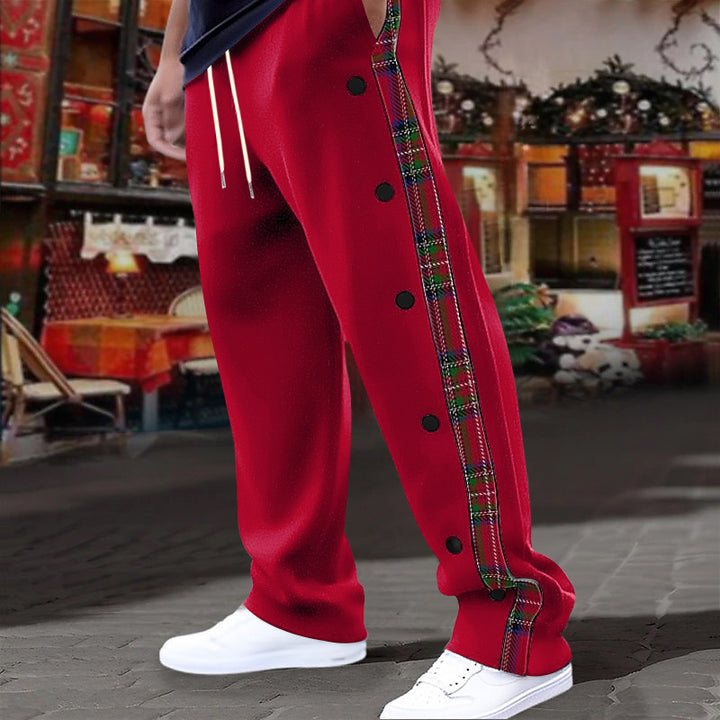Lune London men's casual sports pants with side buttons and plaid pattern